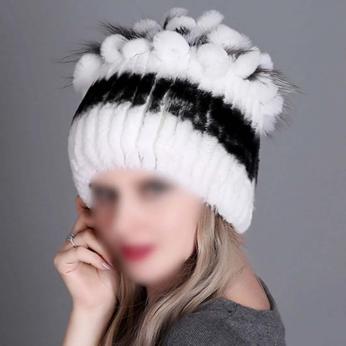 6 Winter knitted beanie hat warm thick autumn and winter round hat rabbit fur knitted hat women fur real wool warm - Цвет: 6