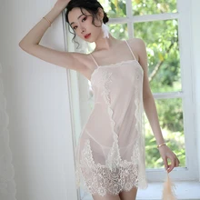 Beige sexy sleepwear women's openwork tulle perspective backless embroidered lace sling nightdress set