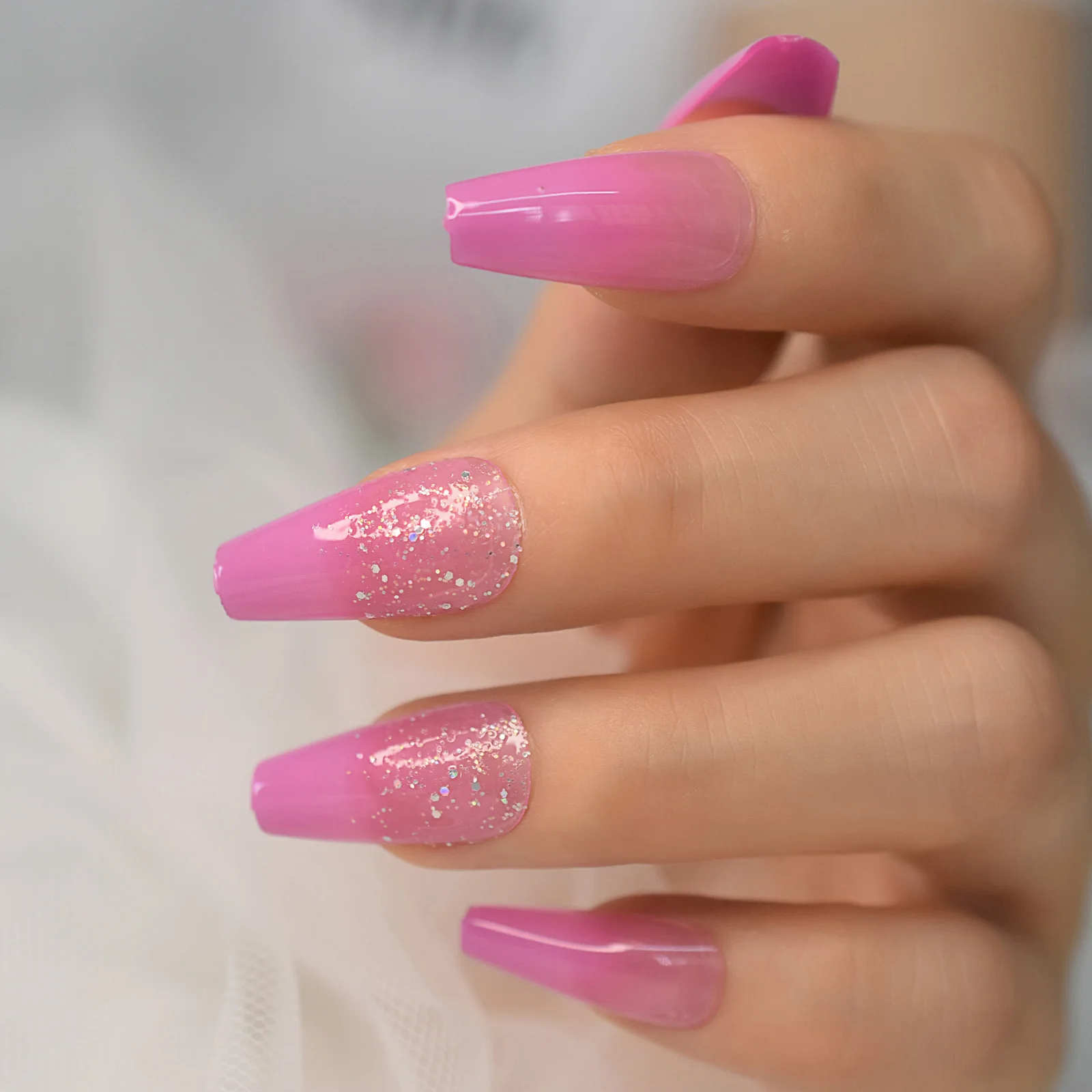 Holo Glitter Pink Press On Nails Coffin Medium Length Long False Ballerina Fake Nails For Women Girls Salon Acrylic Nails Kit False Nails Aliexpress