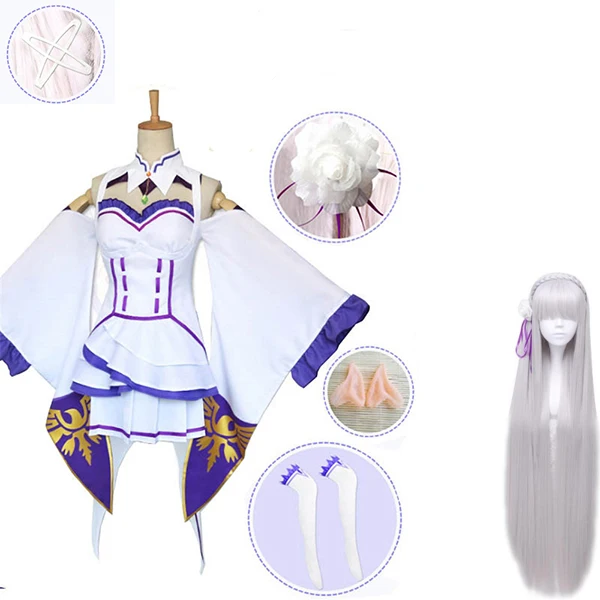 package 4 Re Zero Hajimeru Isekai Seikatsu Emilia, парики, костюмы для косплея, женское платье с головным убором для Хэллоуина, вечерние - Цвет: package 4