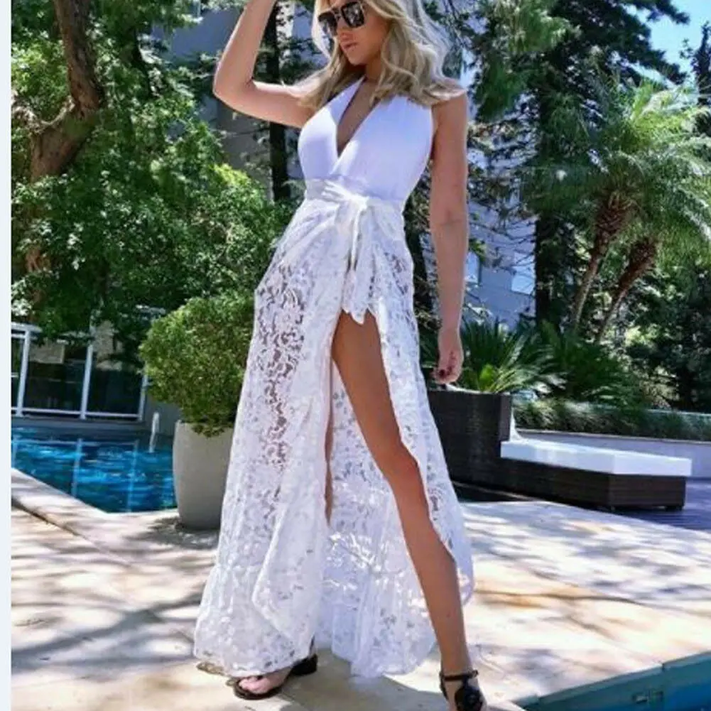 Белый Goocheer, Новое поступление, Boho, летнее женское бикини, накидка, прозрачная, Пляжное, макси, юбка с запахом, саронг, парео, бандажная юбка, пляжная одежда - Цвет: Белый