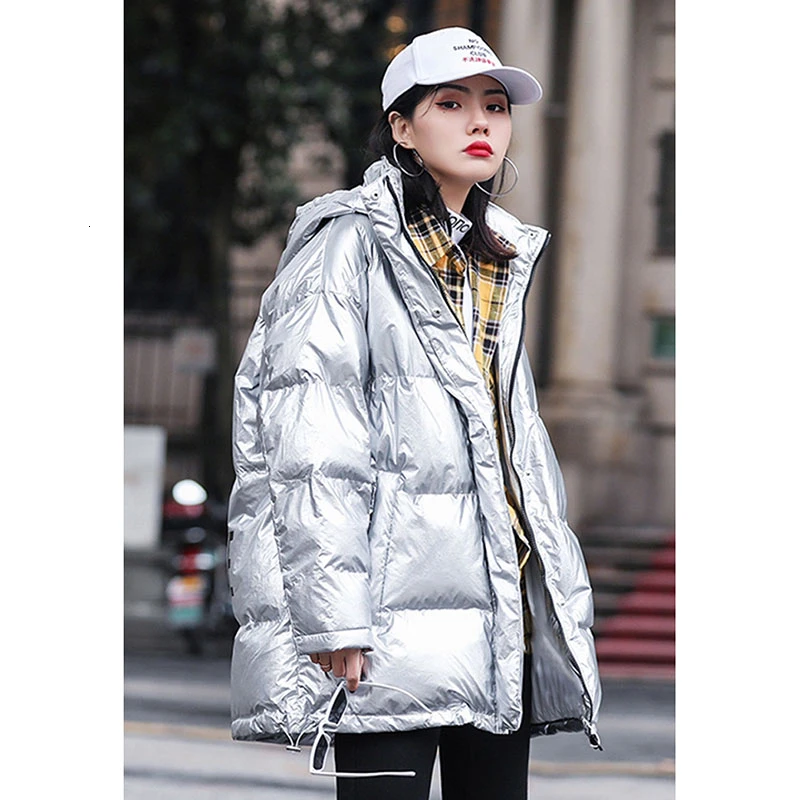 ZURICHOUSE зимняя куртка женская модная Блестящая серебряная куртка-пуховик с капюшоном с буквенным принтом теплая парка женская
