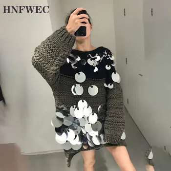 

2019 Autumn Winter New Pattern Round Collar Long Sleeve Hit Colors Sequin Patchwork Sweater Women Fashion Tide D428