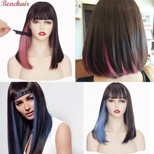 

Benehair 17 Highlight Wig Synthetic Short Straight Wigs With Bangs Colored Cosplay Wig Ombre Bob Wig For Women 2021 New Hair Wig