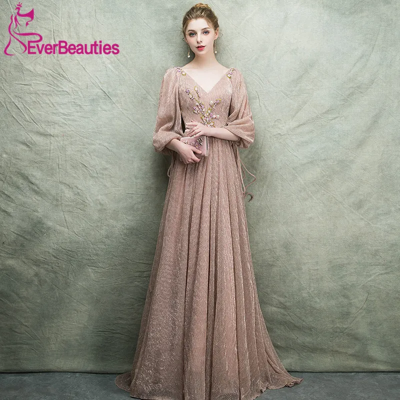 Robe De Soiree Тюль вечернее платье длинное v-образным вырезом с длинными рукавами Abiye Gece Elbisesi торжественное платье