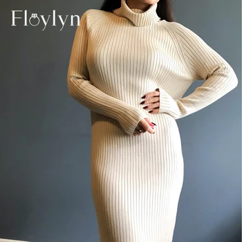 

FLOYLYN 2020 Women Long Dresses Spring Autumn Turtleneck Casual Straight Ladies Knitting Pullover Elegant Fashion