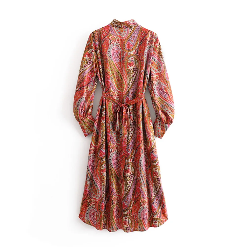 Za& TRF Женская Новая осень v-образным вырезом с длинным рукавом с поясом печати средней длины платье 08445232330