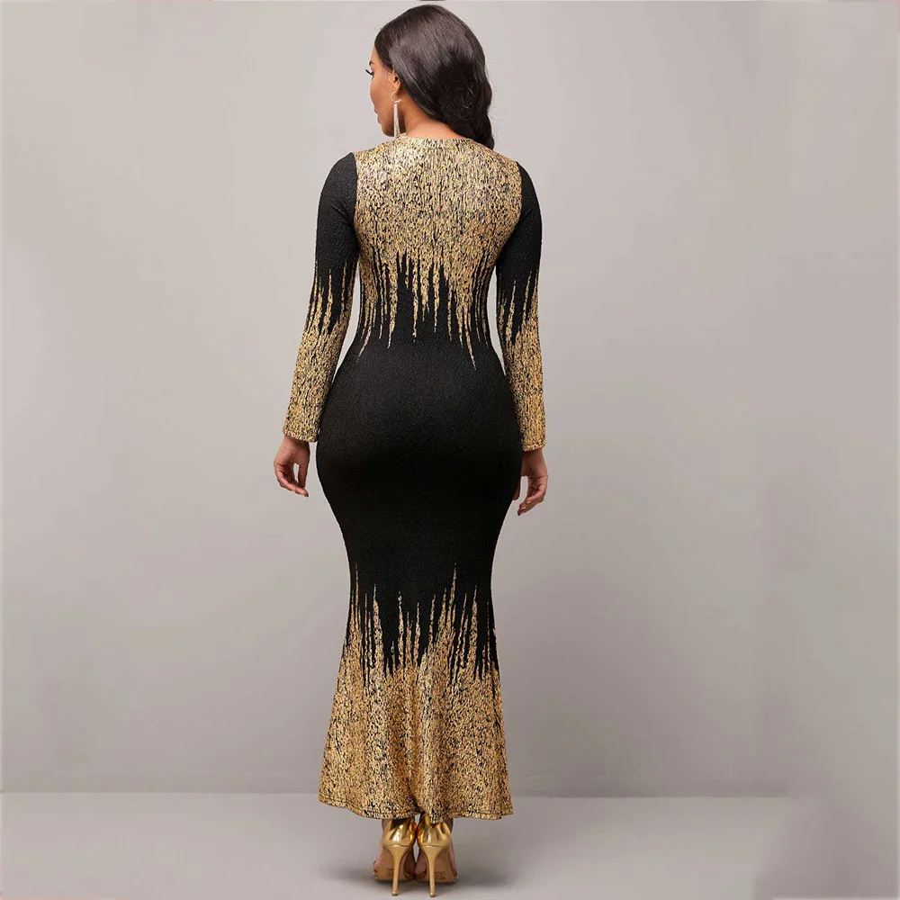 Gold Sequin Print Bodycon Dress Elegant Evening Dress 2