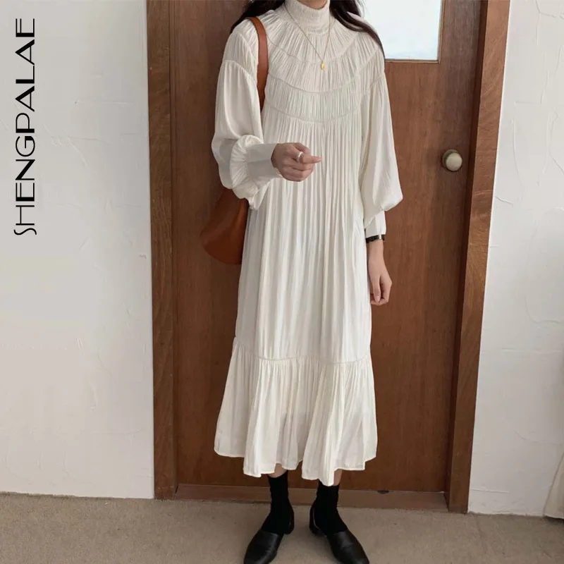 

SHENGPALAE 2020 Summer Fashion Women Vintage Loose High Waist Slim Was Thin Elegant Stand Pleated Puff Sleeve Maxi Dress ZA3471