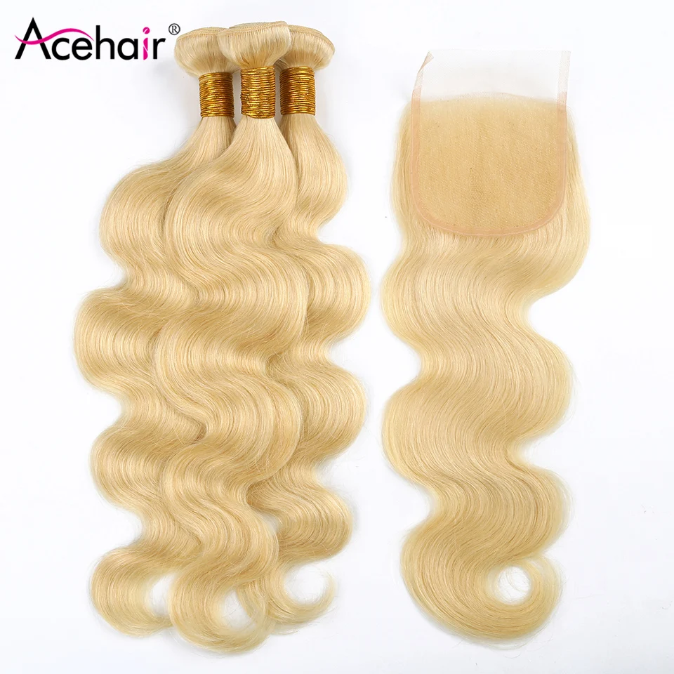 

ACE Human Hair Bundles with 4*4 Closure Peruvian Hair Weave Lace Closure with 3 Bundle Remy 613 Blonde Body Wave Bundles