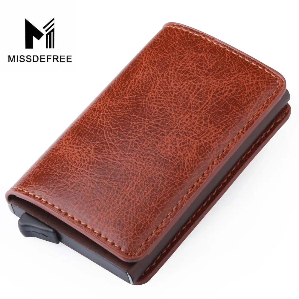 Алюминий бумажник с заднего кармана ID Card Holder RFID Блокировка мини-тонкий металлический кошелек автоматические всплывающие Кредитная карта монет кошелек - Цвет: Brown D