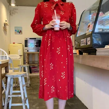 

Preppy Style Gothic Chiffon Dress Women Black Vintage A Line Chic Sweet White Floral Print Red Casual Dresses High Waist Spring