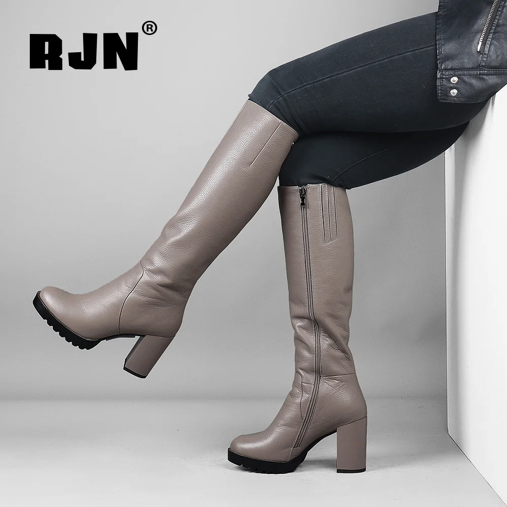 RJN/шерстяные сапоги до колена; обувь из натуральной кожи на молнии с круглым носком и квадратным каблуком; женские высокие зимние сапоги; R31
