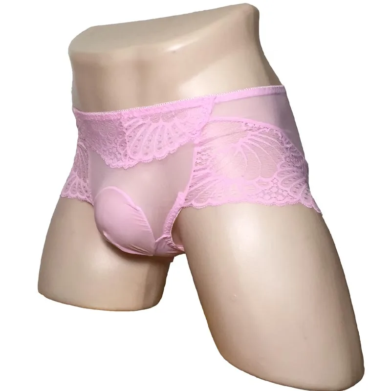 Sexy Sissy Men Sheer Bulge Pouch Lace Panties Stockings Penis Sheath Boxer Shorts Male Breathable Gay Underwear Lingerie
