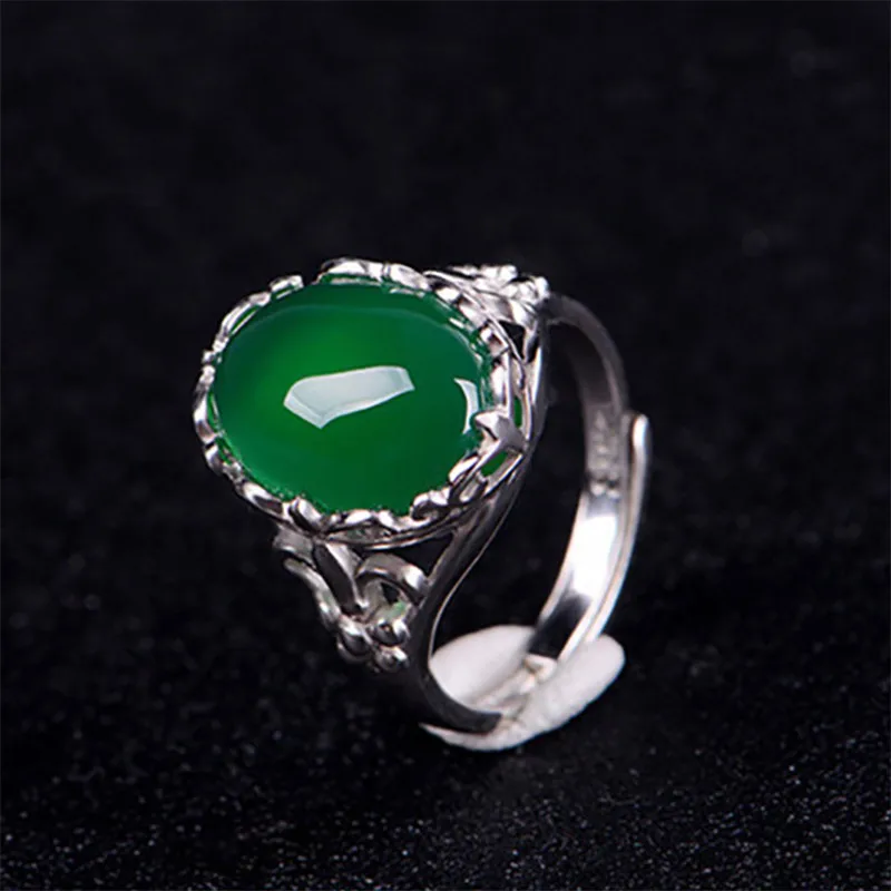 Cellacity Classic Fine Jewelry with Gemstones Silver 925 Ring for Women 15*12mm Green Chalcedony Opening adjustable Female Gift