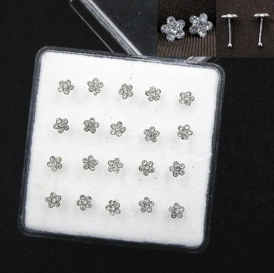 

20PCS/Box White Flower Shape Women Body Piercing Jewelry Silver Nose Studs Earring Mix Color Crystal Nose Ring