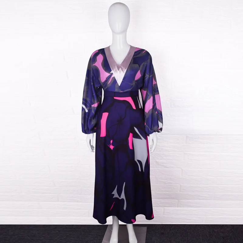 

2019 New Temperament Purple Printing Color V Collar Lantern Long Sleeved Dress V-Neck Puff Sleeve Dress Women