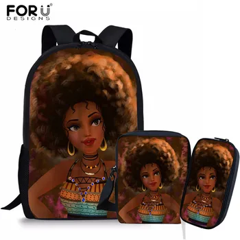 

FORUDESIGNS 3Pcs/Set School Bags Afro Black Woman Girls School Bags High School Bag African style School Bags For Primary School