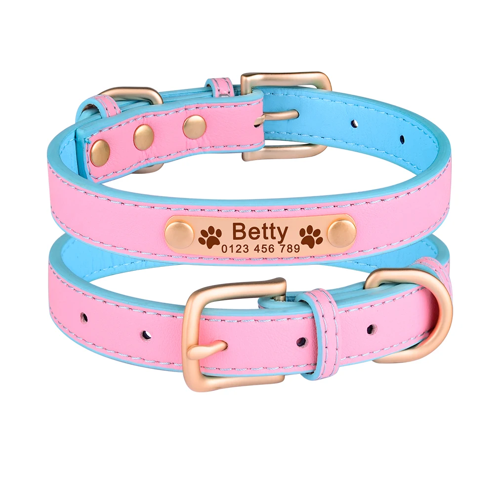 AiruiDog Adjustable Personalized Dog Collar Leather Puppy ID Name Custom Engraved XS-L 