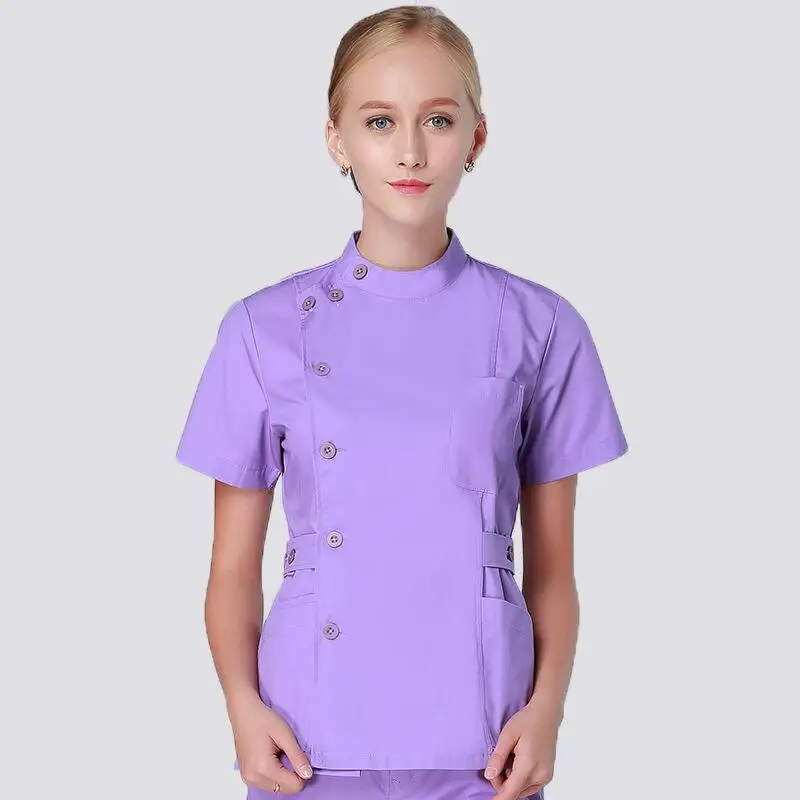 Летний женский медицинский скраб для больниц, набор одежды, модный дизайн, облегающие зубные скрабы для салона красоты, мужская униформа медсестры - Цвет: Light Purple Long