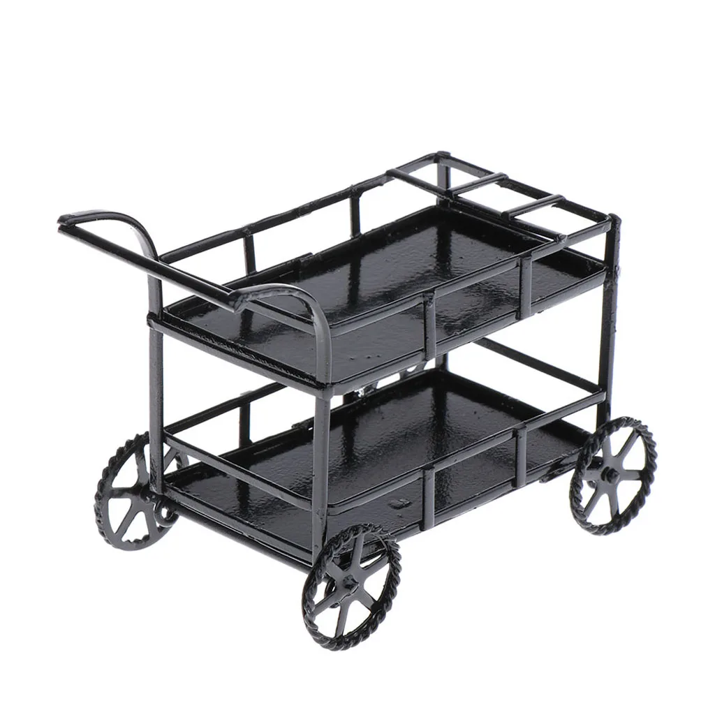 Miniature Metal Serving Cart Black Mini Kitchen Cart with Wheel for 1/12 Mini Dollhouse Accessory, Dining Room, Restaurant Decor