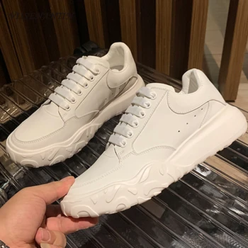 

Thick-soled Flat Platform White Sneakers All-match Genuine Leather Lace-Up Height Increasing Sports Woman Shoes Autumn Spring