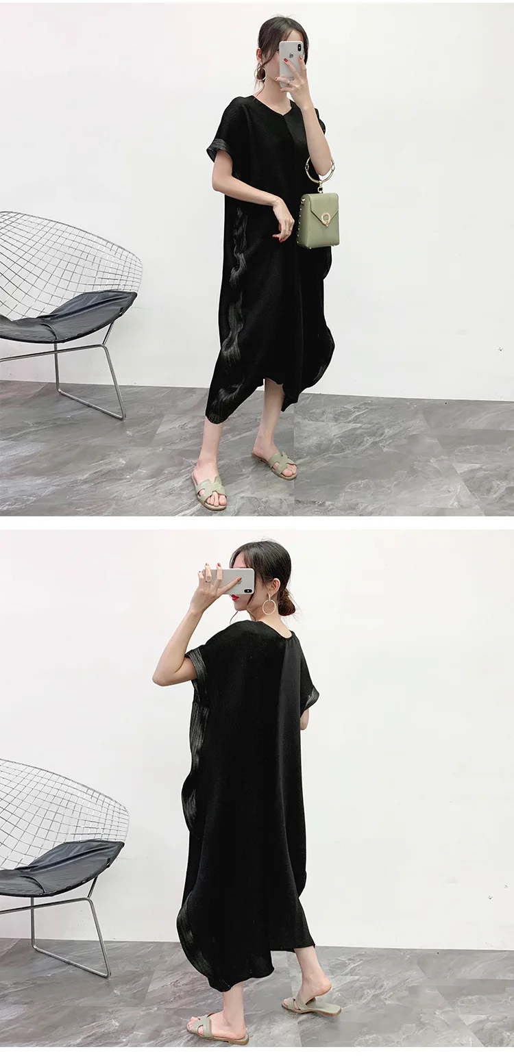Miyake плиссированные платья трапециевидной формы, одноцветные каскадные оборки, короткие рукава, v-образный вырез, до середины икры, женское платье, Зимняя мода