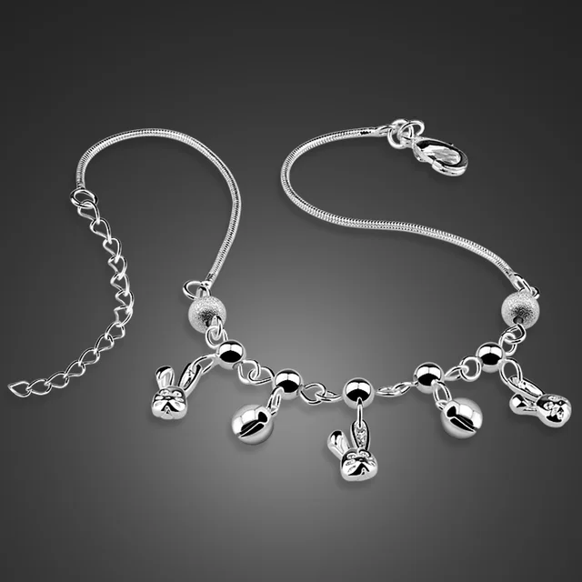 Summer Gift for Her 925 Silver Bunny Bell Anklet Adjustable Barefoot Jewelry Cute Beach Foot Chain with Sterling Silver Pendant