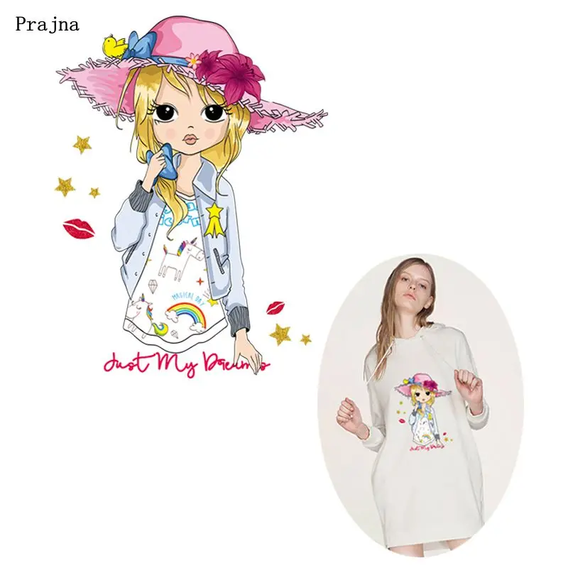 

Prajna Fashion Girl Iron On Transfers Vinyl Thermal Stickers On Clothes Applique DIY Cartoon Heat Transfer For Kids Jacket Iron