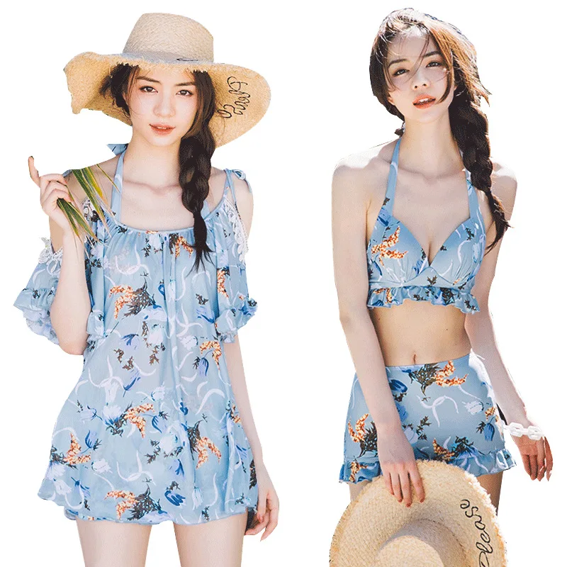 

South Korea Boxer Women's Three-piece Set Bikini Sexy Conservative Skirt Bathing Suit Split Type Small Bust Half-sleeve Shirt Ho