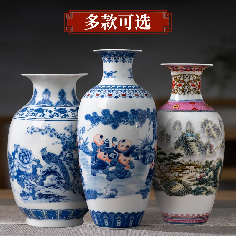 Jingdezhen-도자기 신제품 중국 스타일 패밀리 장미 꽃병, 거실 베란다 TV 캐비닛 꽃꽂이 장식