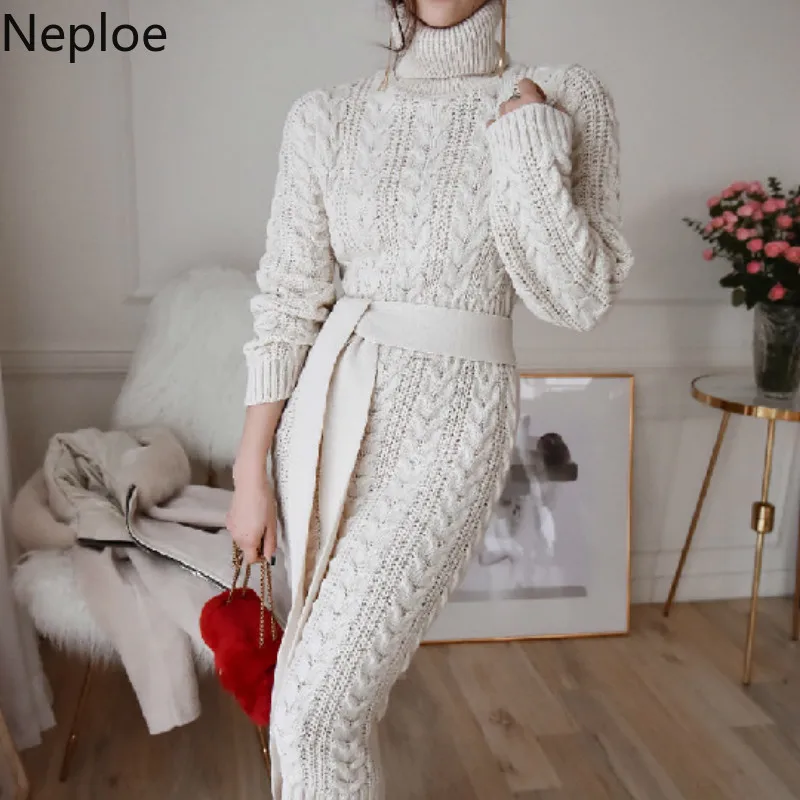 Neploe Korean Twist Slim Waist Lace Up Long Sweater Turtlenck Sleeve Bottom Thicked Pull Femme Autumn Winter New 2020 Knit | Женская