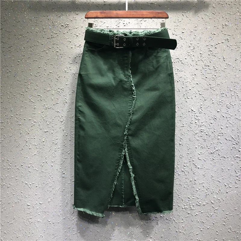 Высокая талия спереди сплит набор кисточек бедра шаг джинсовая юбка длиной до колен Джинсовая юбка J455