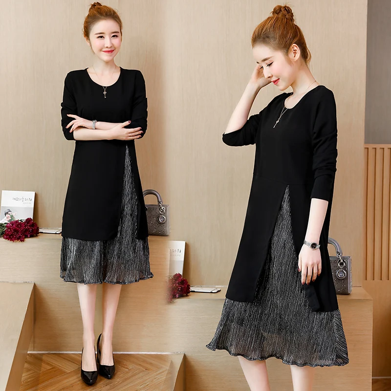 

2020 Black Mesh Patchwork Midi Dresses Spring Autumn 5XL Plus Size Long Sleeve Loose Dress Elegant Women Bodycon Party Vestidos