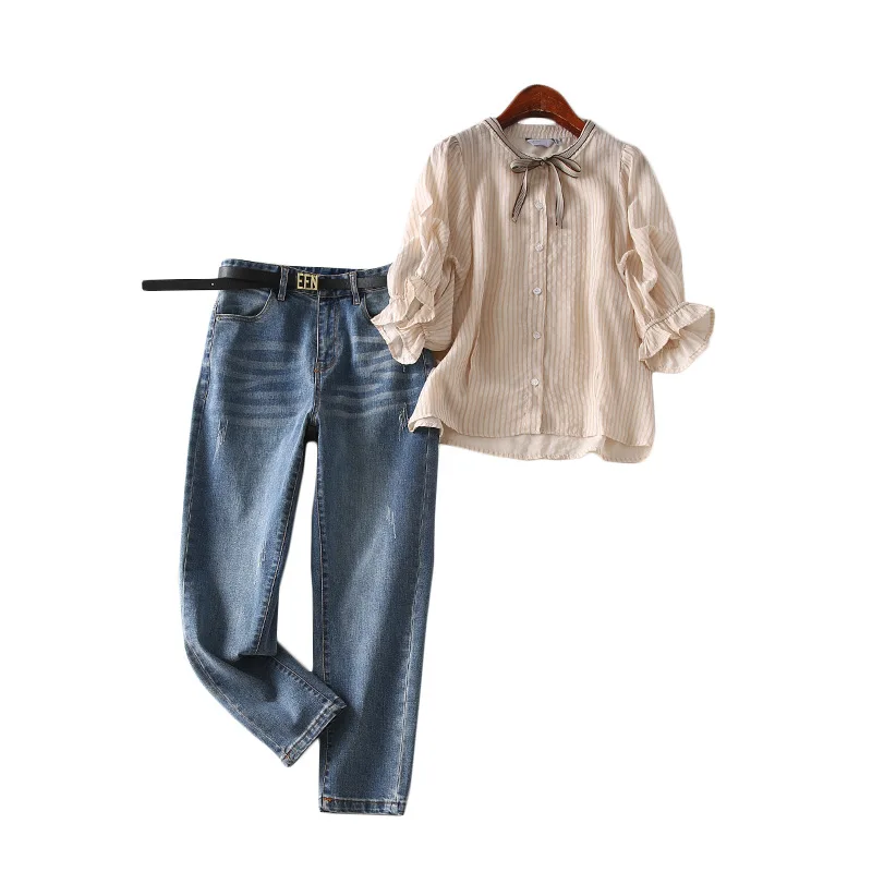 

A Generation of Lace-up Striped Shirt Casual Jeans Two-Piece Women's Entity