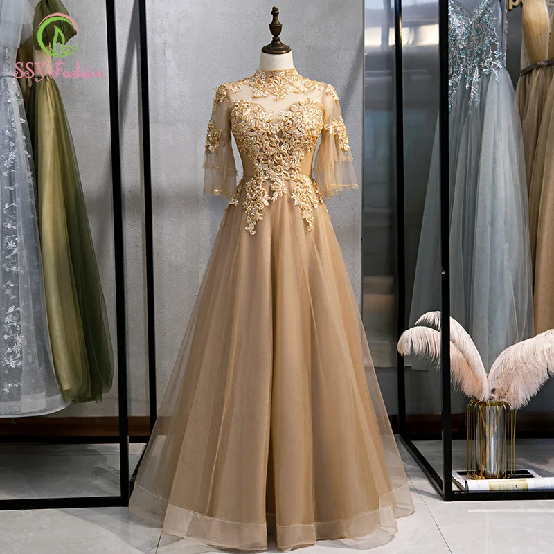 

SSYFashion New Luxury Gold Evening Dress High-neck Floor-length Short Sleeve Appliques Beading Long Formal Gown Vestido De Noche