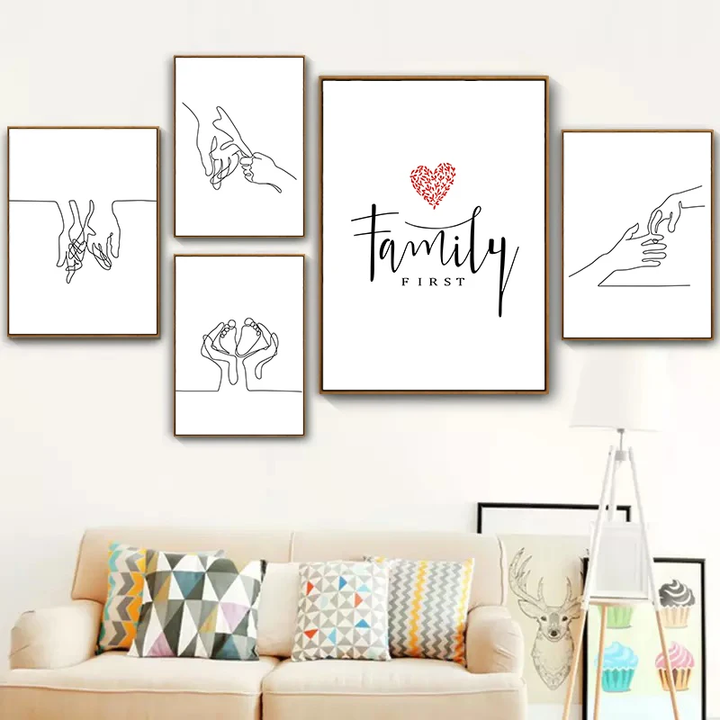 

Wall Art Happy Family Canvas Painting Hand Drawn Lines Love Baby Nordic Posters For Kids' Nursery Room Home Decor