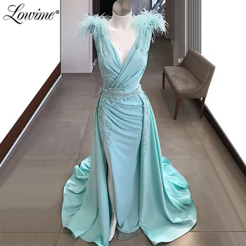

Formal Feather Sky Blue Side Split Evening Dress Two Pieces Prom Dresses 2020 Abendkleider Dubai Applique Party Gowns Vestidos