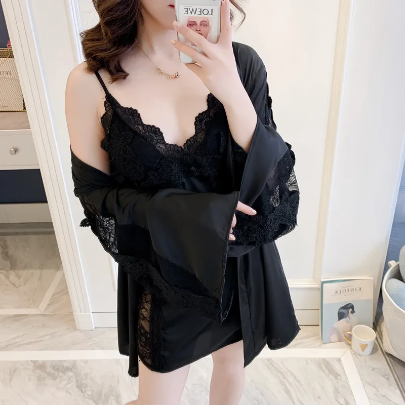 black set Fiklyc, нижнее белье, женский халат и платье, наборы, лето, открытая вышивка, кружево, искусственный шелк, пижамы, наборы, Халат+ ночная рубашка, 2 предмета - Цвет: black set