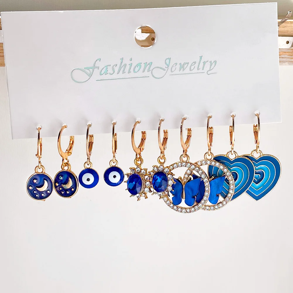 Flatfoosie 5Pair Pink Blue Heart Butterfly Drop Earrings Set For Women Boho Cute Star Moon Eye Dangle Earring 2022 Trend Jewelry
