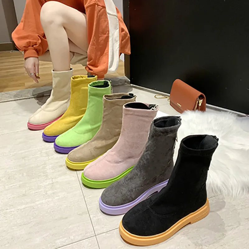 

Ankle Boots for Women Martin Boots Candy Colors Shoes Flat Casual Booties Woman 2019 Autumn Zipper Faux Suede Slim Boots Ladies