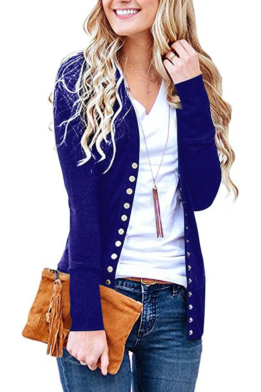 Women Deep V-neck T-shirts Navy White Casual Cardigan Solid Tops European American Style New Autumn Outwear S-XXL GMW03
