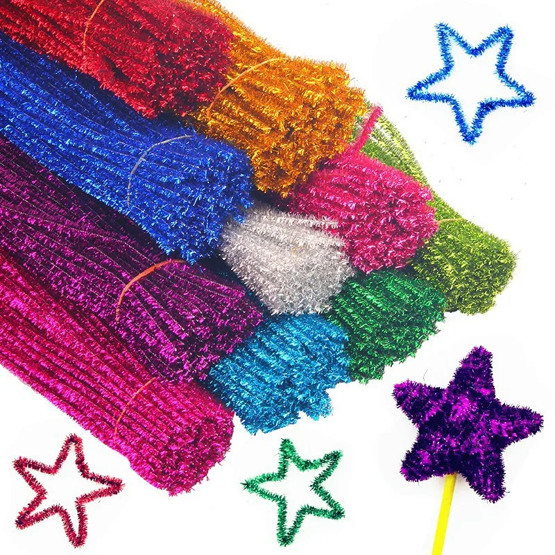 100pcs Glitter Chenille Stems Pipe Plush Tinsel Stems Plush Sticks Kids Educational DIY Toys Handmade Art Craft Materials