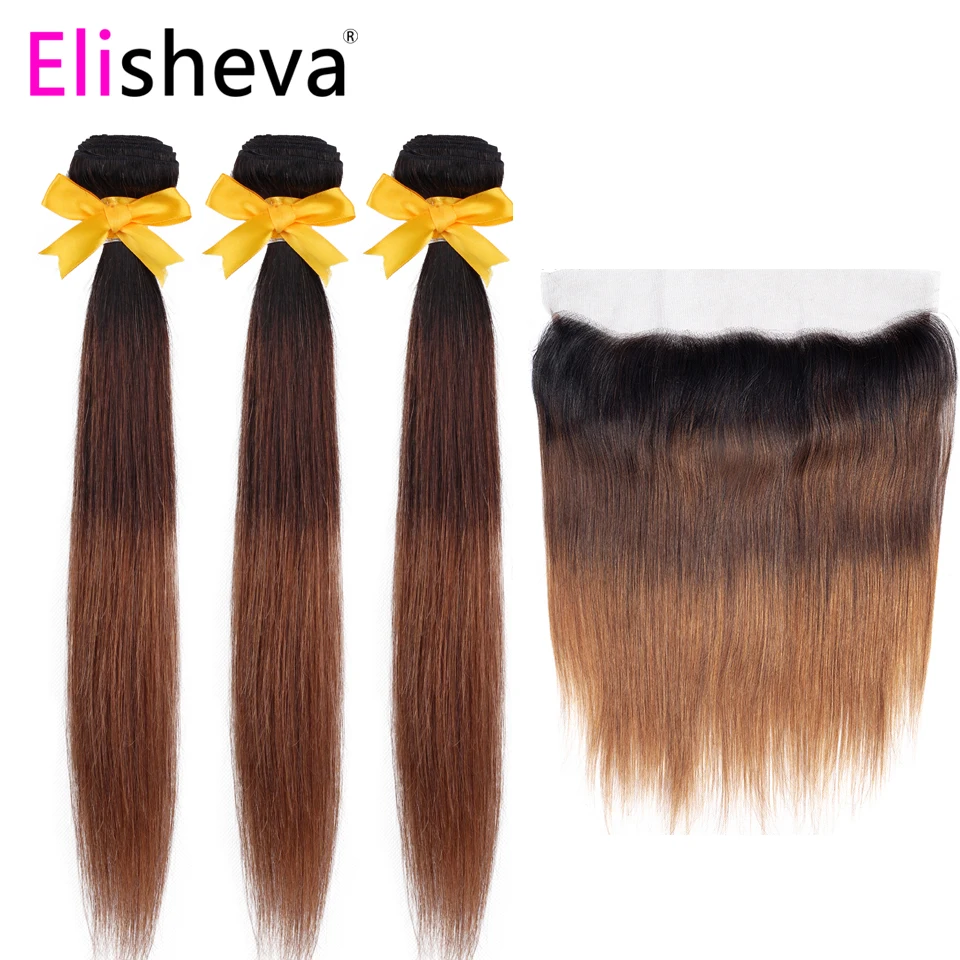 

Elisheva 1b/4/30 Peruvian Straight Hair Ombre Bundles With Frontal Pre Plucked Remy 100% Human Hair 3 Bundles with Closure 13x4
