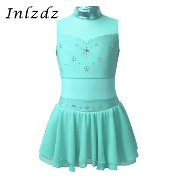

Kids Girls Ballet Leotard Dress Metallic Tulle Splice Cutouts Back Sparkly Rhinestone Figure Ice Skating Roller Skating Dress