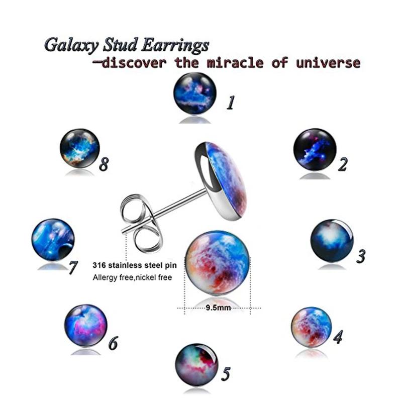 

8 Pairs Unisex Stainless Steel Stud Earrings Galaxy Astronomy Fashion Jewelry DXAA