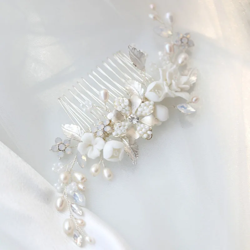 Floralbride Handmade Freshwater Pearls Ceram Flower Bridal Hair Comb Wedding Headdress Hair Accessory Bridesmaids Women Jewelry