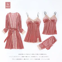 Новое поступление, золотые бархатные пижамные комплекты из 4 предметов, женский халат, пижамы, одежда для сна без рукавов, сексуальная одежда для сна, весна