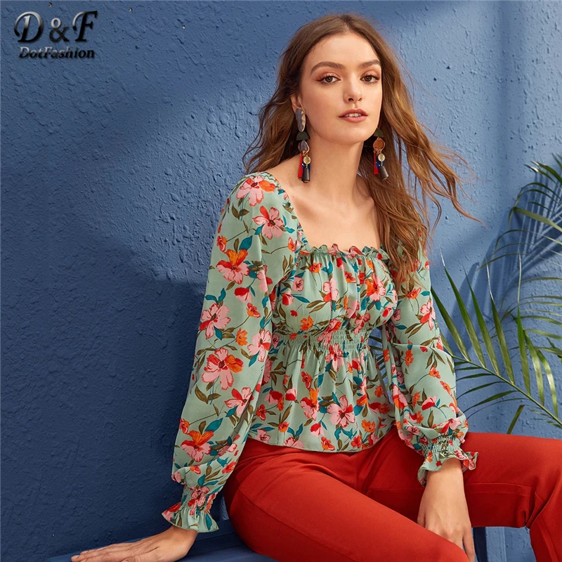 

Dotfashion Boho Square Neck Floral Print Blouse Women 2019 Autumn Elastic Lantern Sleeve Blouses Ladies Casual Backless Top