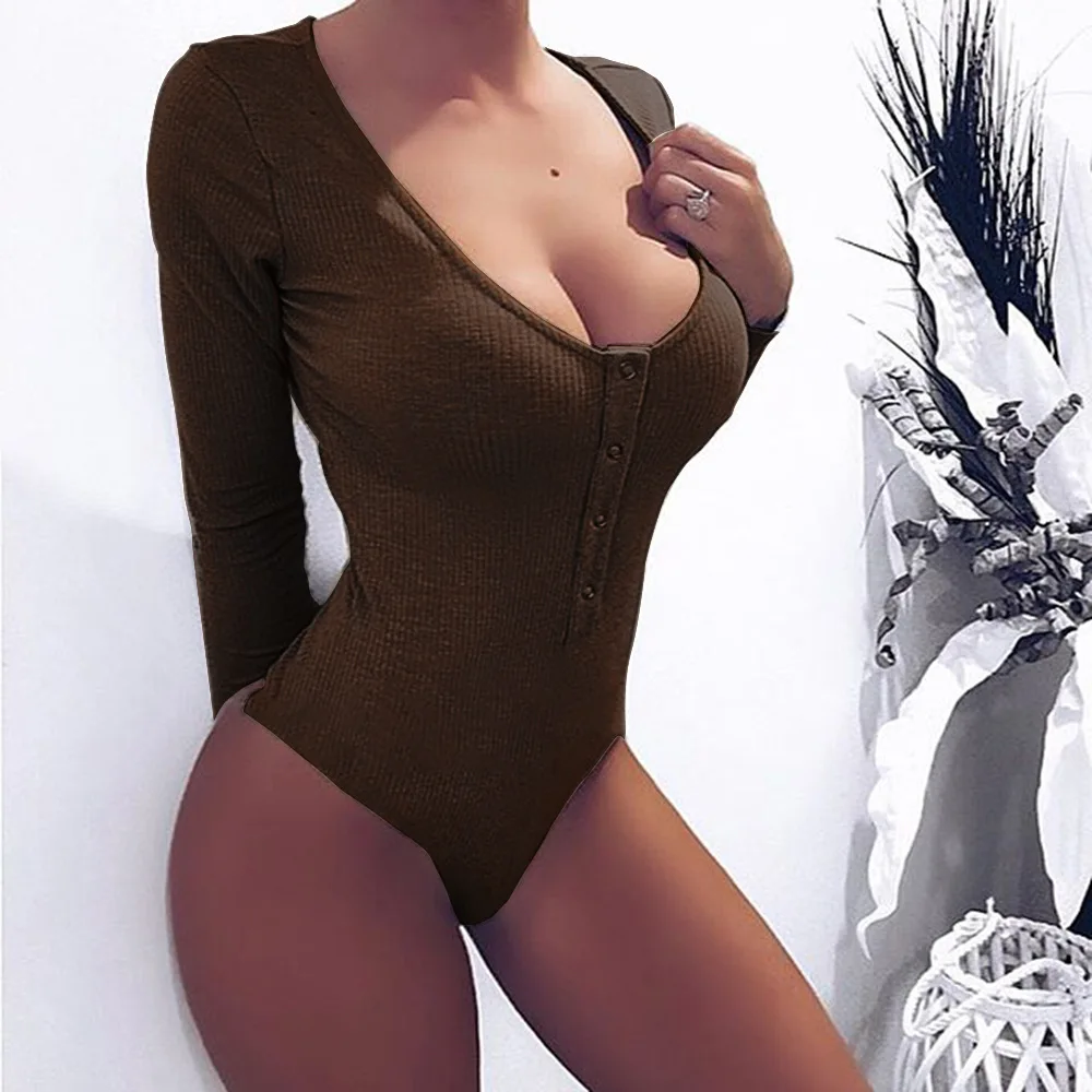 

Missufe 3 Colors Autumn Cotton Bodysuit Button Deep O Neck Long Sleeve Bodysuits Slim Bodycon Warm Winter Romper